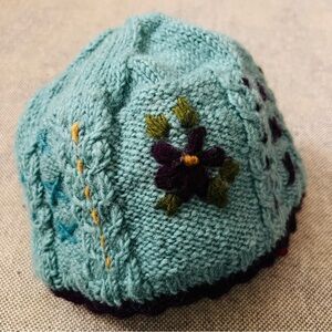 Lost Horizons FLORAL Blue Knit Wool Winter Hat Beanie - handmade in NEPAL